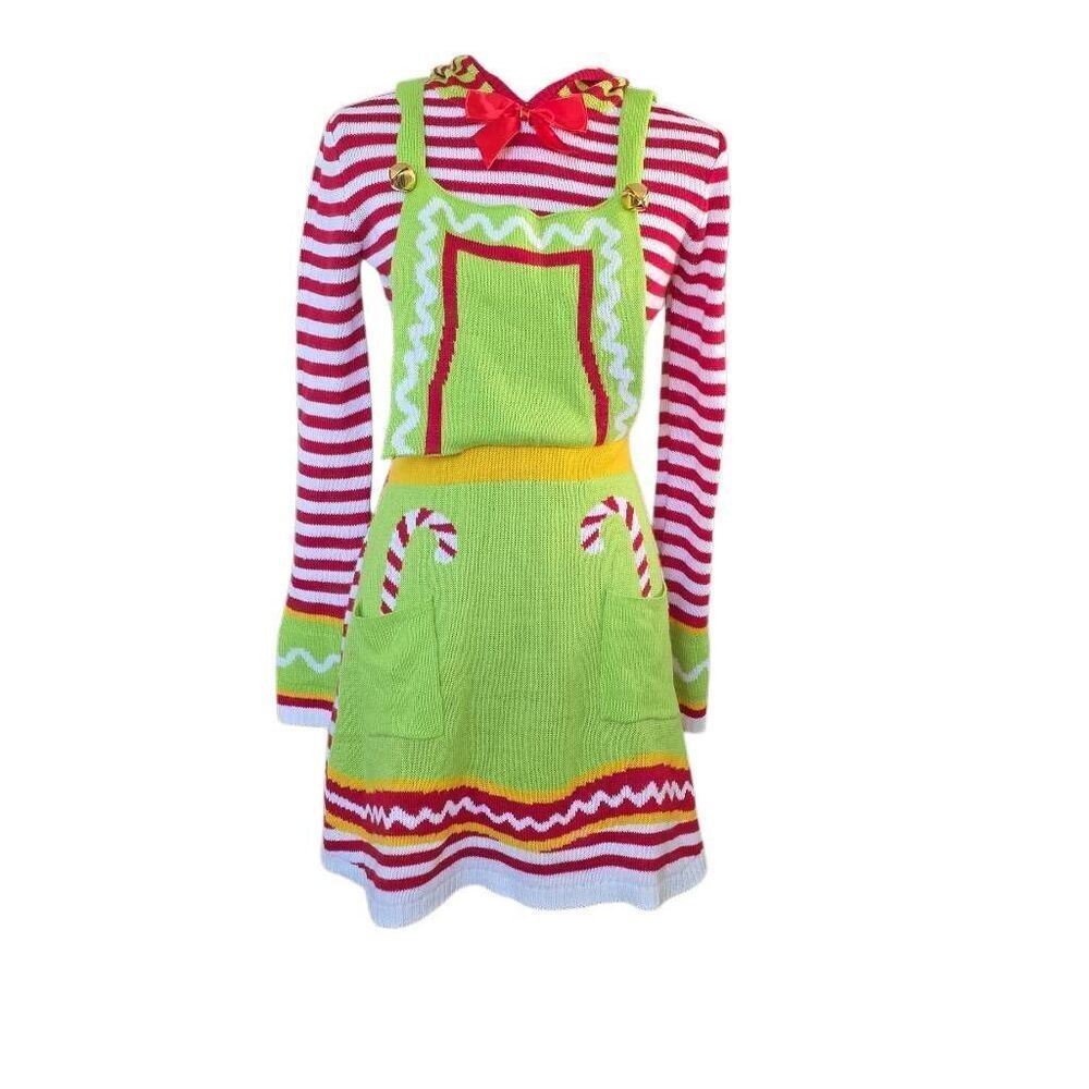 Born Famous Women's Size Small Red Green Christmas Hooded Elf Sweater Dress Flaw